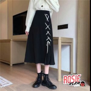 Falda Negra Cordones Cruzados Mujer – RosieGlam