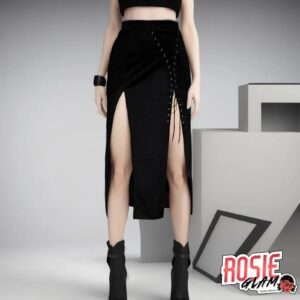 Falda Larga Negra Doble Abertura Detalle Cordones Mujer - RosieGlam